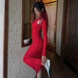 Supernfb Red Solid Hollow Out Long Dress Women Fashion Full Sleeve Bodycon Maxi Dresses Club Birthday Party Elegant Outfits Chic Lady Dre