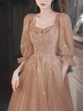 Spring Summer Party Dress Square Collar Long Puff Sleeve Evening Dress Sequined Appliques Mesh Tiered Design Prom Vestidos