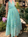 Supernfb Boho Midi Dress Summer French Vintage Halter Backless Floral Print Beach Holiday Sundress 2023 Sexy Evening Party Chiffon Dress