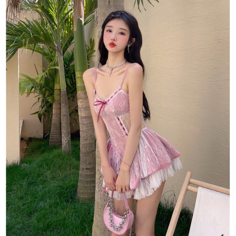Supernfb Summer Sexy but Cute Style High Quality Lace Stitching Suspender Dress Design Slim Waist Dresses Super Fairy