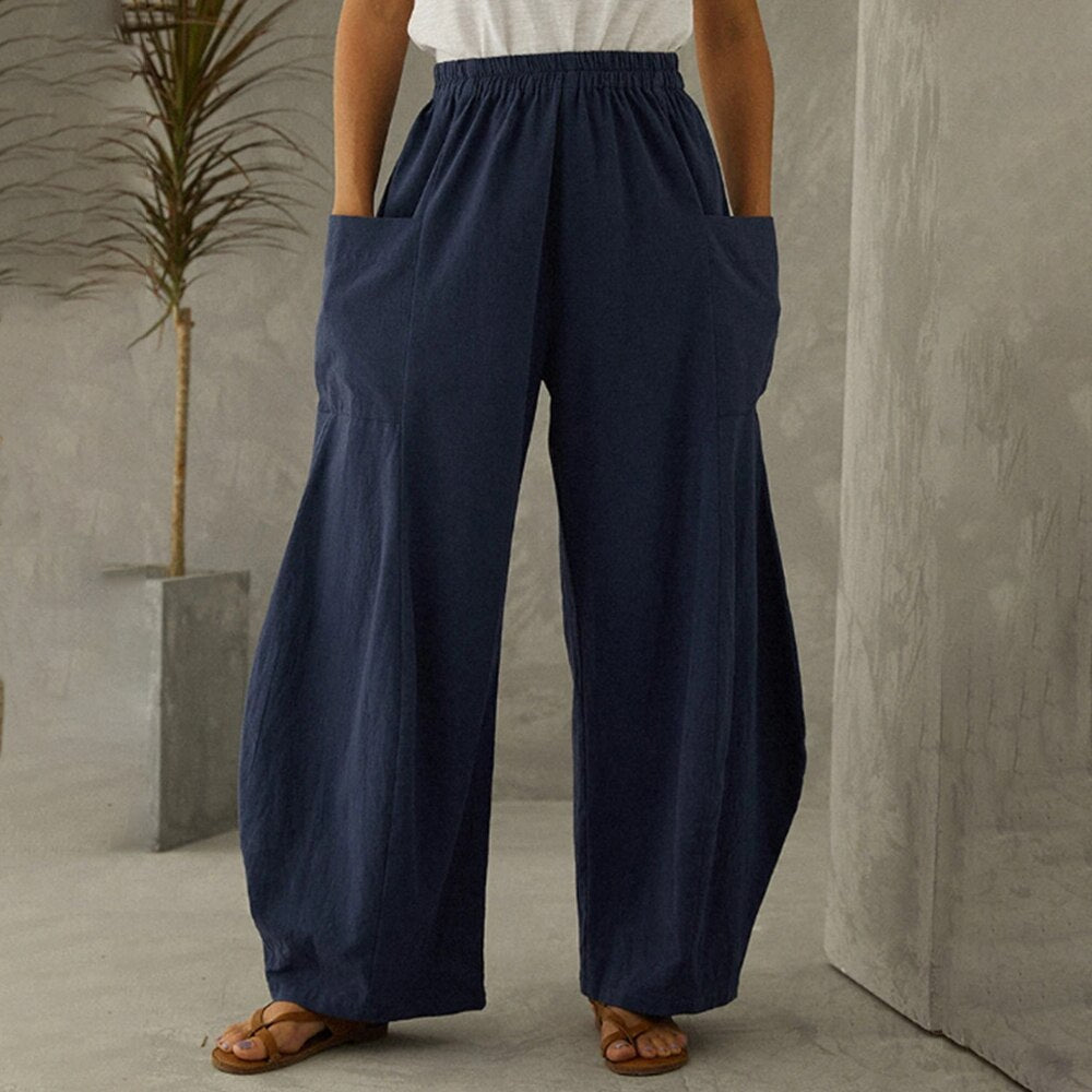 Supernfb Europe And The United States Summer New Women's Solid Color Pocket Elastic Waist Casual Pants Cotton Linen Loose Wide Leg Pants