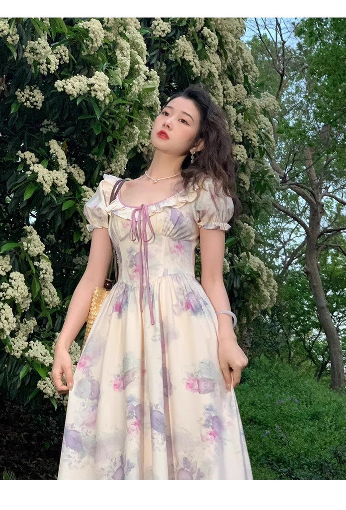 Supernfb Summer New Fashion Print Dress For Women Vintage O Neck Puff Sleeve Lace-up Midi Dresses Female Clothing