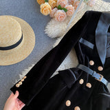 Supernfb Vintage Women Winter Long Sleeve Velvet Dress Elegant Notched Collar Double Breasted Office Black Dress Slim with Belt