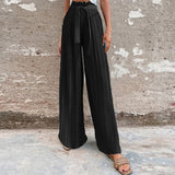 Supernfb  Europe And The United States Summer New Women Pleated Draped Wide Leg Pants Female High Waist Straight Tie Pants Female