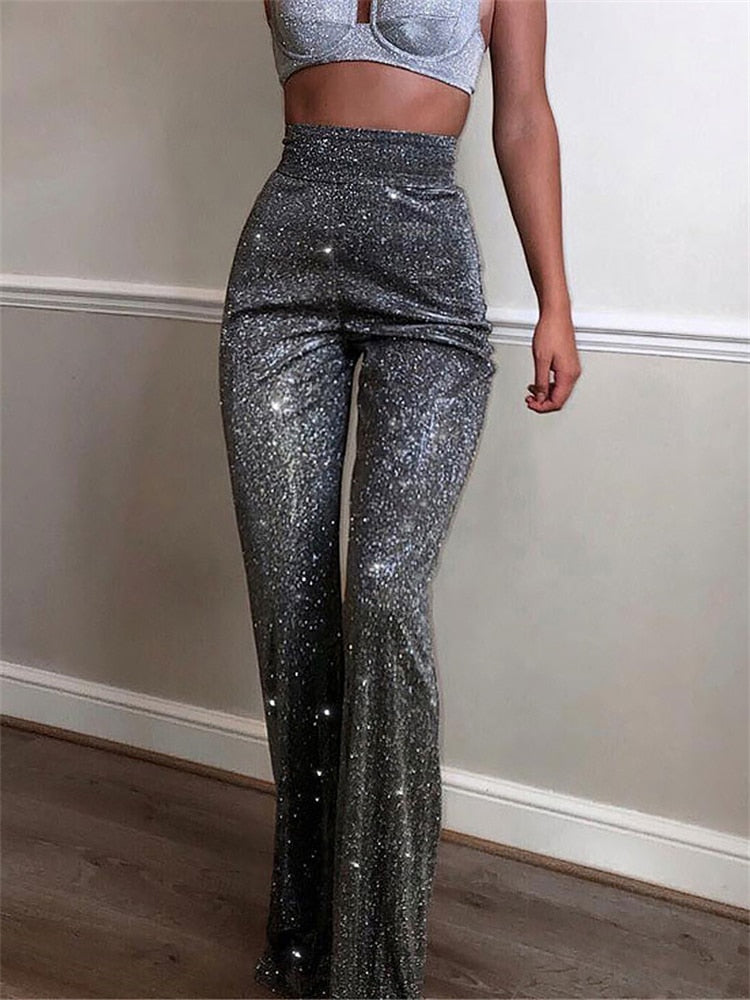 Supernfb Sparkly Sliver Party Pants For Women Party Night Clubwear Glitter Long Trousers Leggings Female Fashion Wide leg Pants
