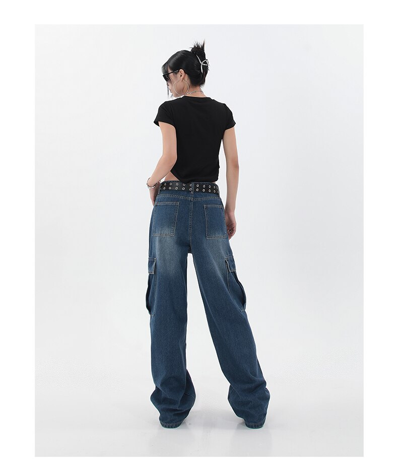 supernfb Women's Blue Vintage Cargo Jeans High Waist Straight Mopping Pants Fashion Casual Baggy Wide Leg Denim Trouser Ladies Summer