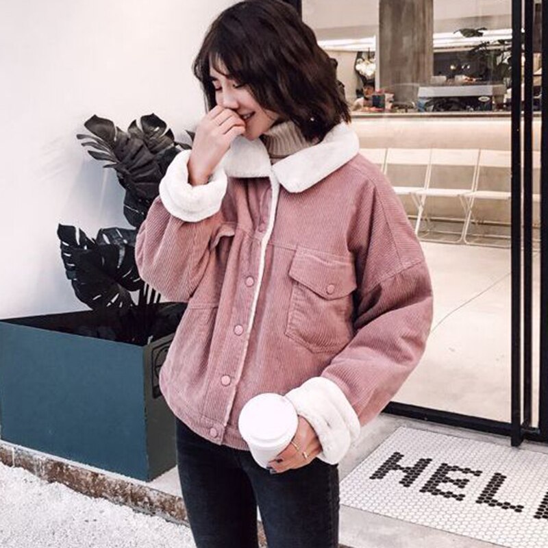 Supernfb Vintage Women Corduroy Parkas Pink Winter Thick Warm Hairy Short Jacket Loose All Match Korean Female Casual Coats