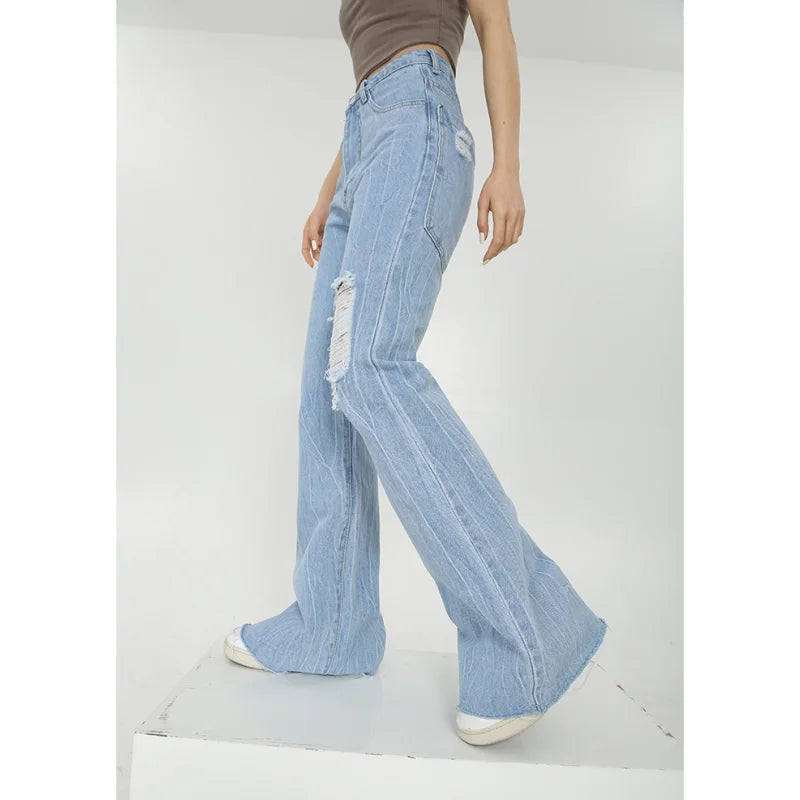 supernfb Women Blue Jeans Worn-out High Waist American Street Wide Leg Pants Fashion Hip Hop Vintage Straight Y2K Style Autumn Trousers