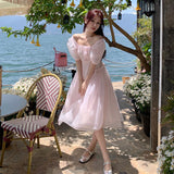 Supernfb Summer Pink Chiffon Lantern Sleeve Short Sleeve Fairy Dress Women Holiday Sweet Pleated Sundress Midi Backless Bandage Dress New