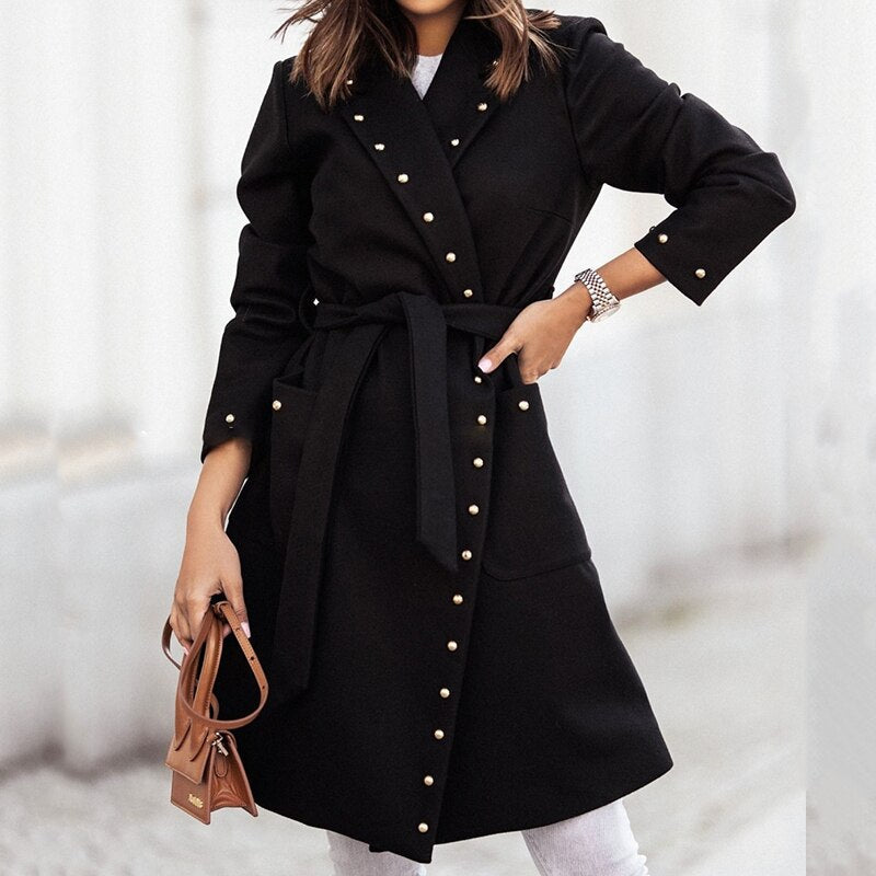 Supernfb Women Long Sleeve Lapel Button Woolen Coat Casual Lace-Up Solid Warm Jacket Fall Winter Double-Breasted Rivet Handsome Overcoats
