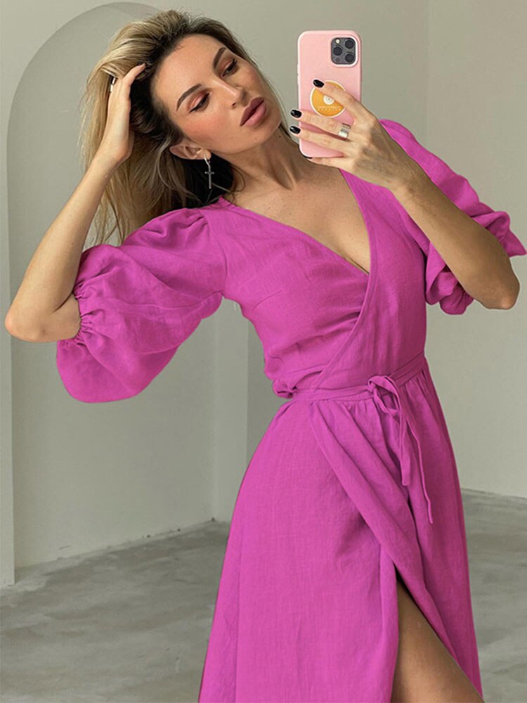Supernfb Summer Elegant Half Puff Sleeve Maxi Dresses for Women Outfits Sexy V Neck Split Straight Bodycon Casual Club Party Dress