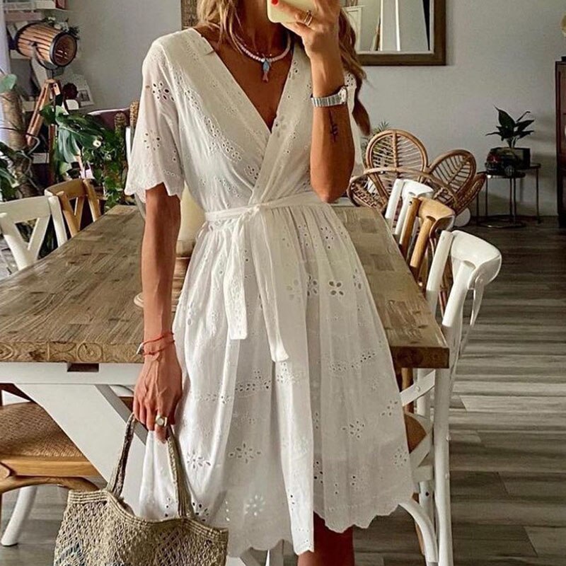 Supernfb Women Vintage Short Sleeve Tie-Up White Dress Lady Hollow Out Pattern Solid Midi Dress New Elegant V-Neck Lace Embroidered Dress
