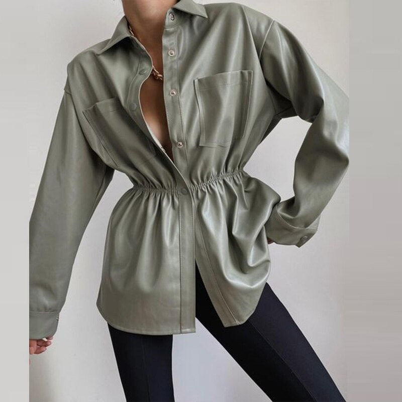Supernfb Autumn Elegant High Street Solid Color Coats Ladies Warm Button Lapel Shirt Tops Fashion Slim Elastic Waist Women Leather Jacket