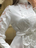 Supernfb Tavimart Women Midi Dress Sexy White Lace Hook Flower Hollow Patchwork Boho Long Sleeve Dresses For Femme Wedding Party Dress Robe