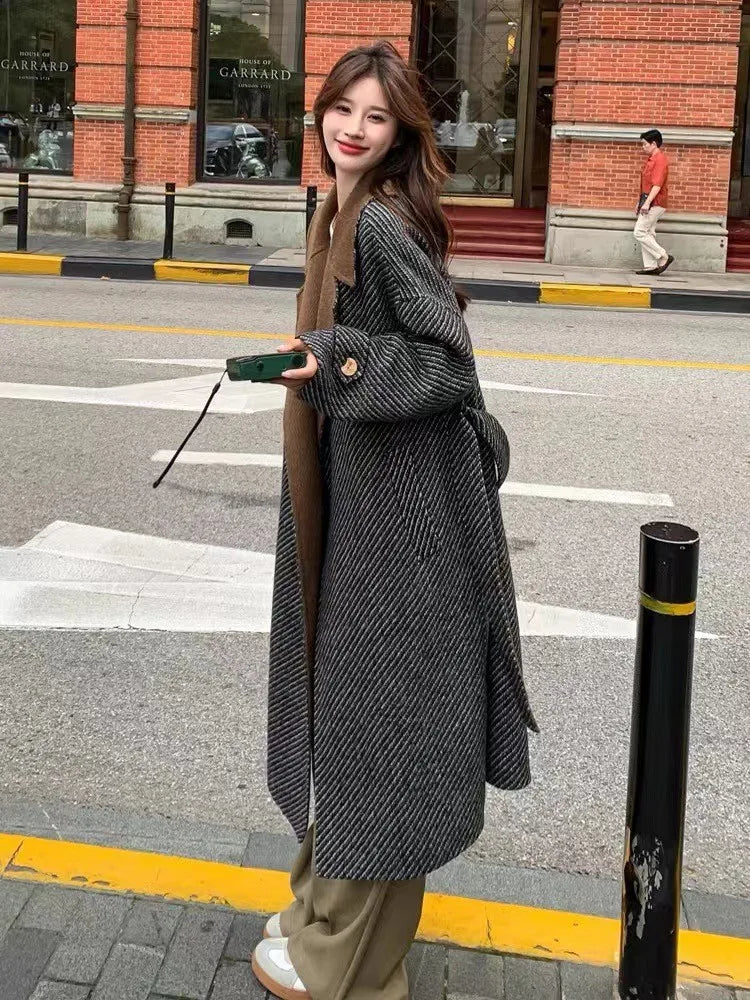 Supernfb Korean Fashion Contrast Collar Lapel Woolen Coats for Women Autumn Winter New High-end Thicken Warm Wool Jackets Female Clothing