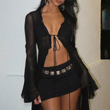 Hugcitar Mesh Long Sleeve Black See Through Cardigan Lace Up Sexy Midi Dress Summer Women Fashion Beach Party Club Outfit
