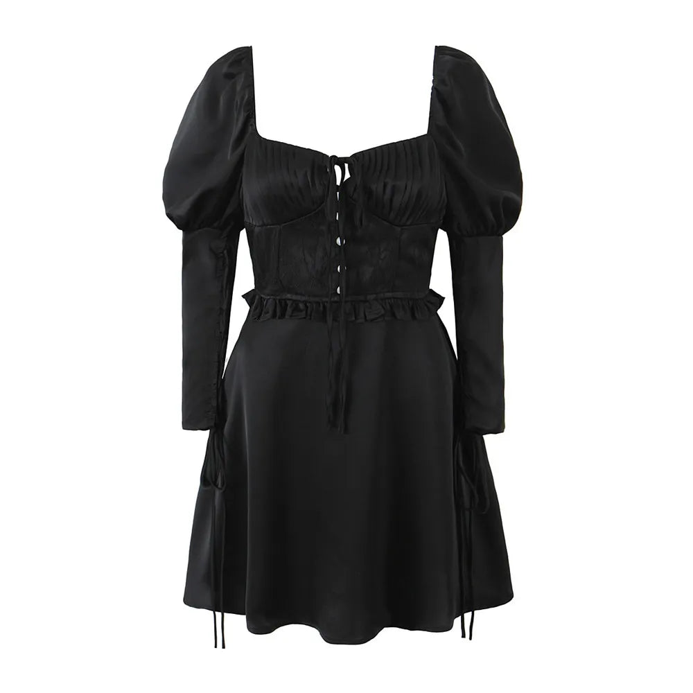 Holiday and Vocation Women Long Sleeve Solid A-line Ruffled Mini Dress