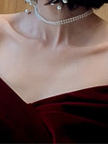 Supernfb Spring Long Luxury Elegant Wine Red Soft Velvet Evening Party Wedding Dresses for Women Off Shoulder Maxi Dress