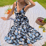 Supernfb Elegant Floral Print Dress for Women Summer Dresses New V-neck Waistless Backless Hollow Out Midi Skinny Slip Dress