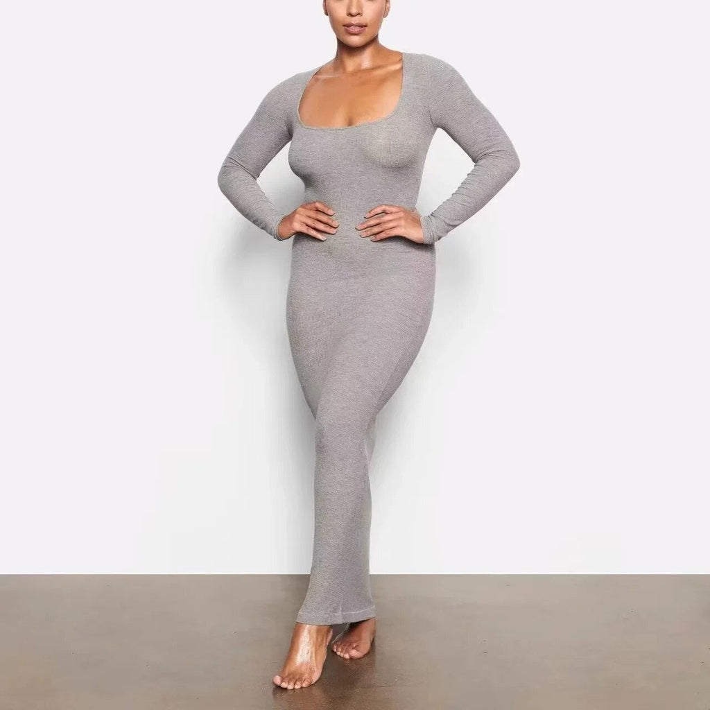 Supernfb Long Sleeve Sexy Sheath Maxi Dress Women Ins Fashion Blogger Retro Square Collar Knitted Dress