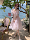 Supernfb Summer Pink Chiffon Lantern Sleeve Short Sleeve Fairy Dress Women Holiday Sweet Pleated Sundress Midi Backless Bandage Dress New