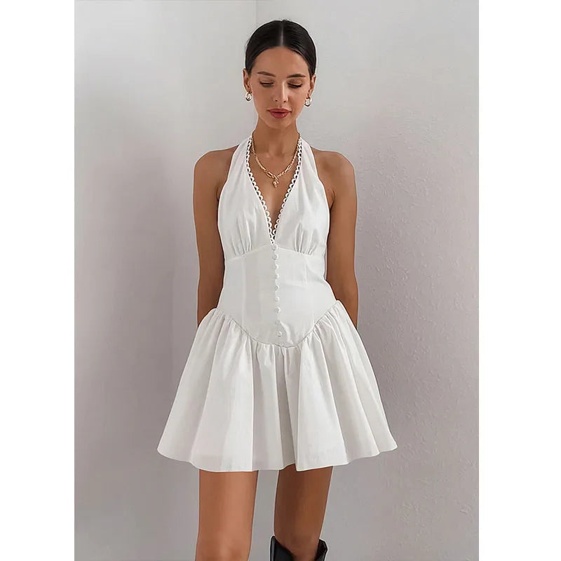 Supernfb New White Lace Cotton Halter Neck Backless Dress Slim V-Neck Foreign Trade High-end Women's Clothing