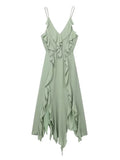 Supernfb Elegant Summer Spaghetti Strap Ruffles Party Dresses Casual Midi Sleeveless Dress Sexy Green Women Dress New