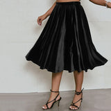Supernfb Plus Size High Elastic Waist Velvet Skirt Women Solid Black Spring Autumn Midi Party Skirt A-line Flare Skirt Large Size 6XL 7XL