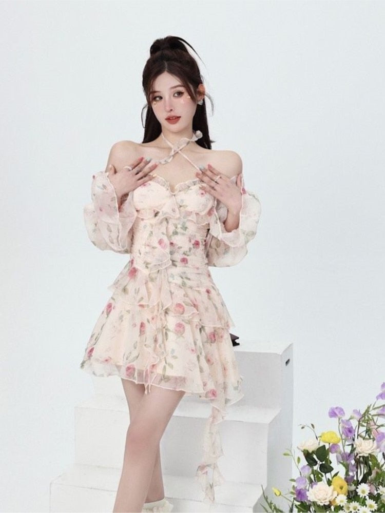 Supernfb Summer Sweet Print Floral Chiffon Dress Women Elegant Long Sleeve Ruffles Party Mini Dresses Female Korean Chic Slim Vestidos