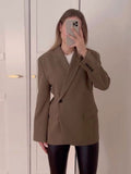 Supernfb Women Lapel Single Button Classic Vintage Blazer Dark Green Long Sleeve Pocket Outwear Office Lady Loose Coat Suit Jacket