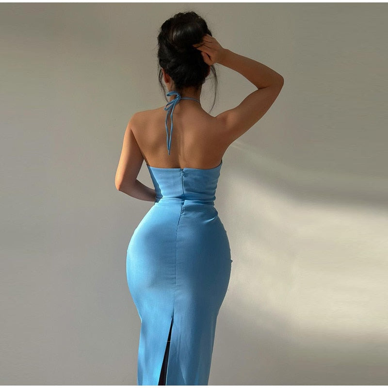 Supernfb Sexy Hollow Out Solid Maxi Dress For Women Backless Sleeveless Split Bodycon Dress Summer Lady Elegant Club Party Dresses