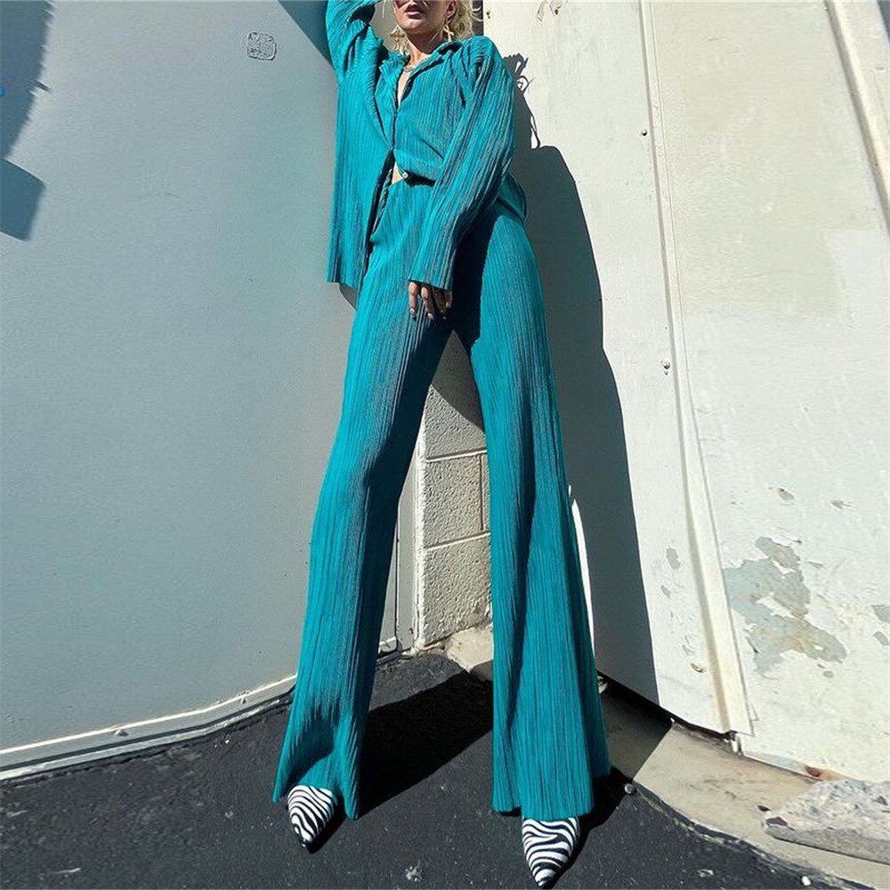 supernfb European American fashion Causal Pleated Pants Blouse Shirt 2 Pieces Set Women Suits Straight Trousers