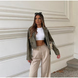 Mqtime Pockets Faux Leather Jacket Coat Women Fashionb Vintage Long Sleeve Lapel Collar Jackets Female Fashion Outerwear Tops