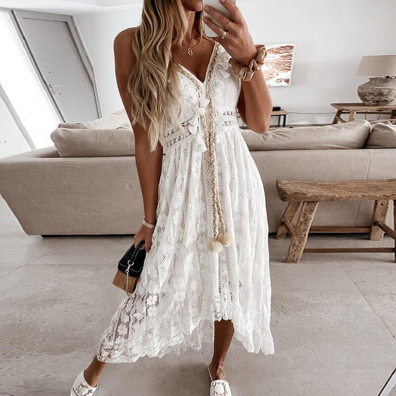 Supernfb Summer Off Shoulder Lace Maxi Dress For Women Boho V Neck Spaghetti Strap Dress Casual Patchwork Holiday Beach Long Dress