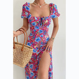 Supernfb Elegant Sweet Floral Print Dress for Women Summer Dresses New Strapless Short Puff Sleeve Slim Hem Slit Maxi Dress