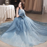 Elegant Bling Blue Evening Dresses Women A-line Sexy V-neck Puff Sleeve Bandage Cocktail Party Prom Gown Vestidos Robe De Soiree