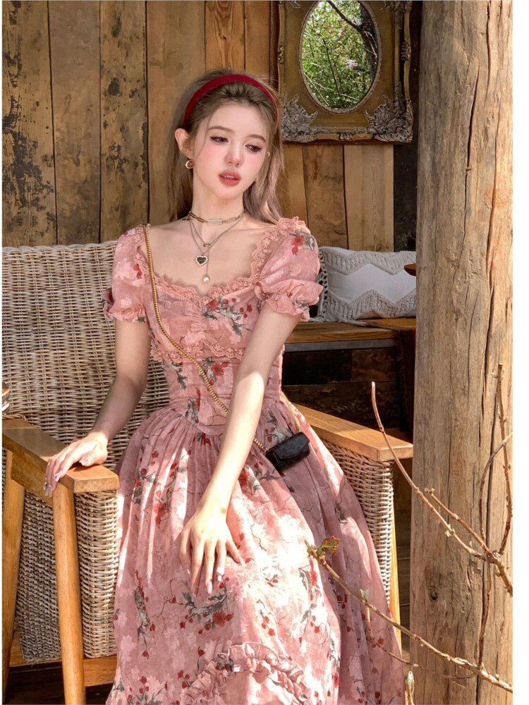 Supernfb French Elegant Evening Party Dress Woman Caual Beach Print Floral Midi Dress Vintage Korean Fashion Summer Boho Fairy Dress