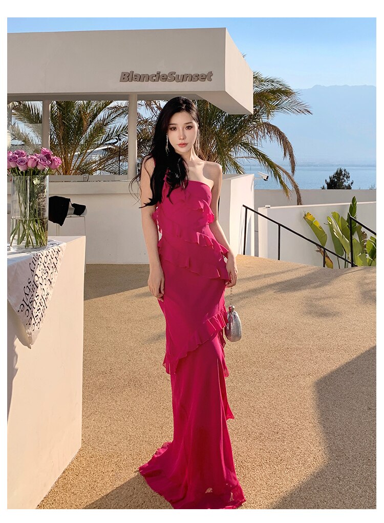 Supernfb Fashion Elegant Slim Maxi Dresses For Women  Summer One-Shoulder Evening Party Runway Robe Lady Rose Vestidos Clothing
