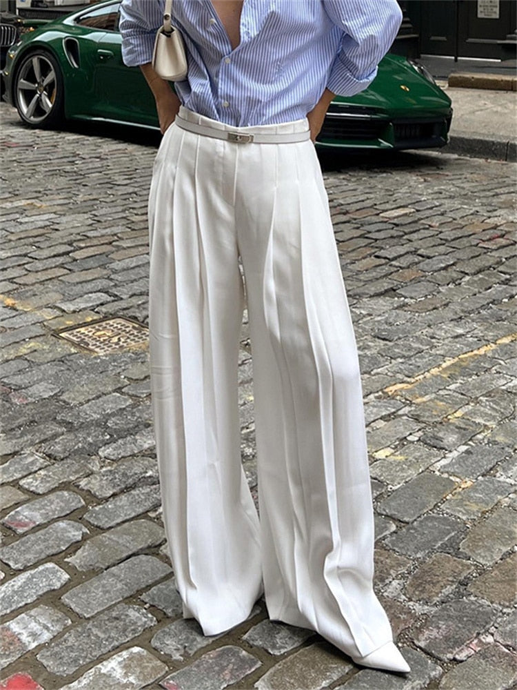 Supernfb Pleated White Wide Leg Trousers High Waist For Women Patchwork Fashion Loose High Street Trousers Ladies Y2k Pants Autumn