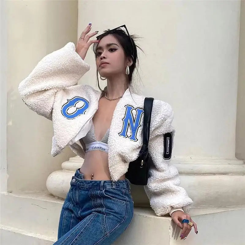 Supernfb Loose Letter Embroidered White Fleece Oversized Cropped Jacket for Women Winter Vintage Casual Zipper Coats Streetwear