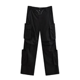 supernfb Women FALL High Waist Cargo Pocket  Drawstring Pants Straigth Trousers