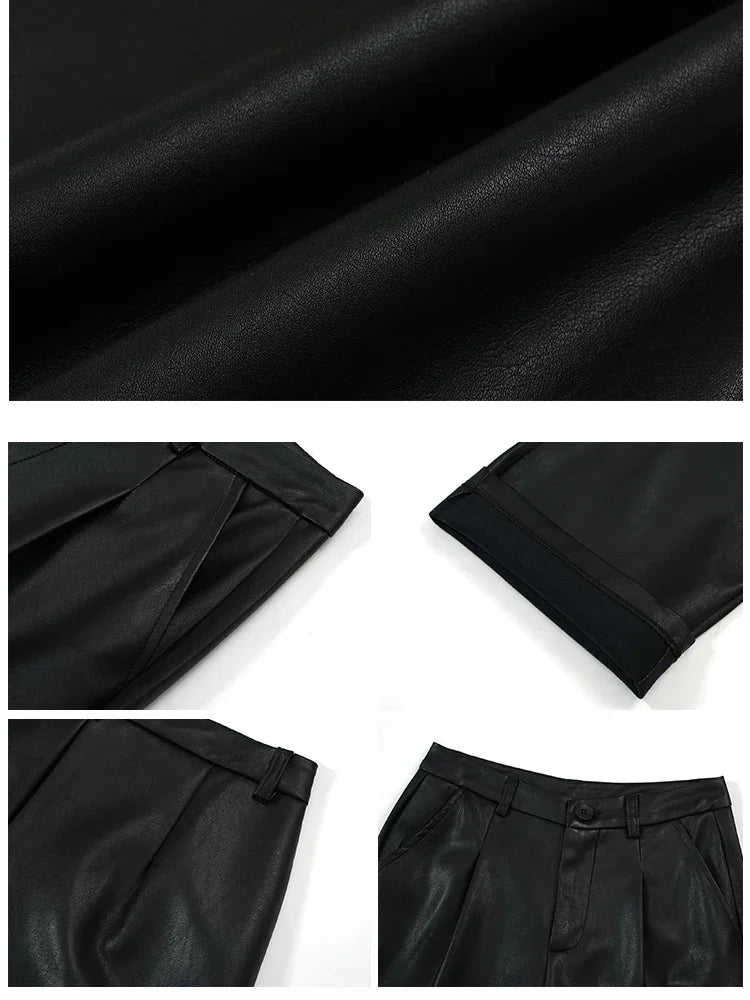 Supernfb Spring Summer Black PU Leather Casual Pants Women Low Waist Wide Leg Straight Leg Faux Leather Pants