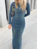 Fashion Women Denim Dress Vintage Blue Long Sleeve Back Zipper Dresses For Women  Spring Causal Slim Fit Ladies Long Dresses