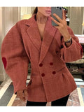 Fashion Pink Plaid Heart Print Coat Women Lapel Lantern Sleeve Notched Double Breasted Jacket Autumn Grace Female Outwear