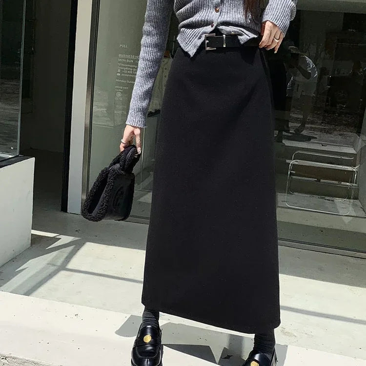 Supernfb Woolen Long Skirt Women Korean Style High Waist Straight Office Lady Elegant Vintage Warm Midi Skirt with Slit Winter