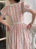 Supernfb Pink Kawaii France Vintage Dress Women Floral Print Elegant Evening Party Midi Dresses Lace Puff Sleeve Retro Sweet Dress