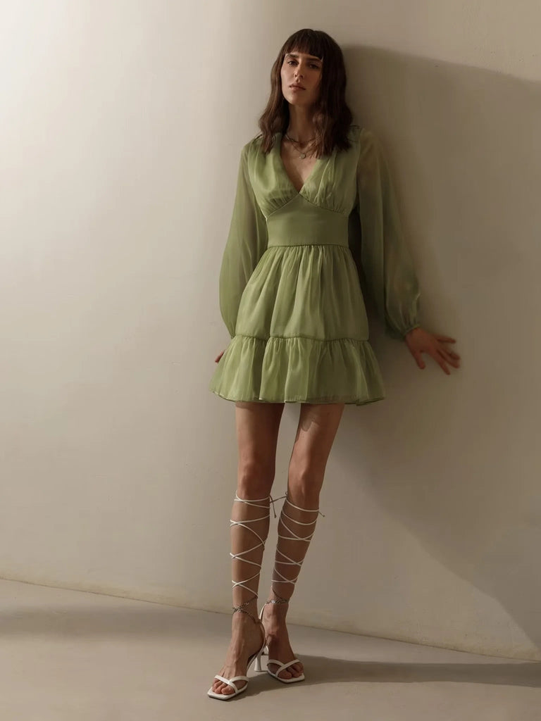 Supernfb Elegant Party Mini Dress Women French Style Retro V-neck Collect Waist Solid Fashion Chiffon Dress