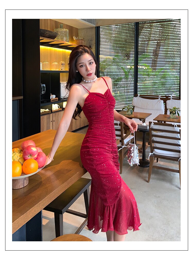 Supernfb Women Sexy Spaghetti Strap Sleeveless Red Dress Female Backless Mermaid Midi Dresses Vestidos