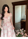Supernfb Pink Floral Midi Dress Women French Elegant Dress Even Party Office Lady Boho Beach Style Dress Korean Vintage Summer Chic