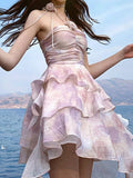 Supernfb Summer Fairy Mini Dresses Women Ruched Ruffles Irregular Print Boho Beach Dress Sexy Halter Backless Evening Party Vestidos